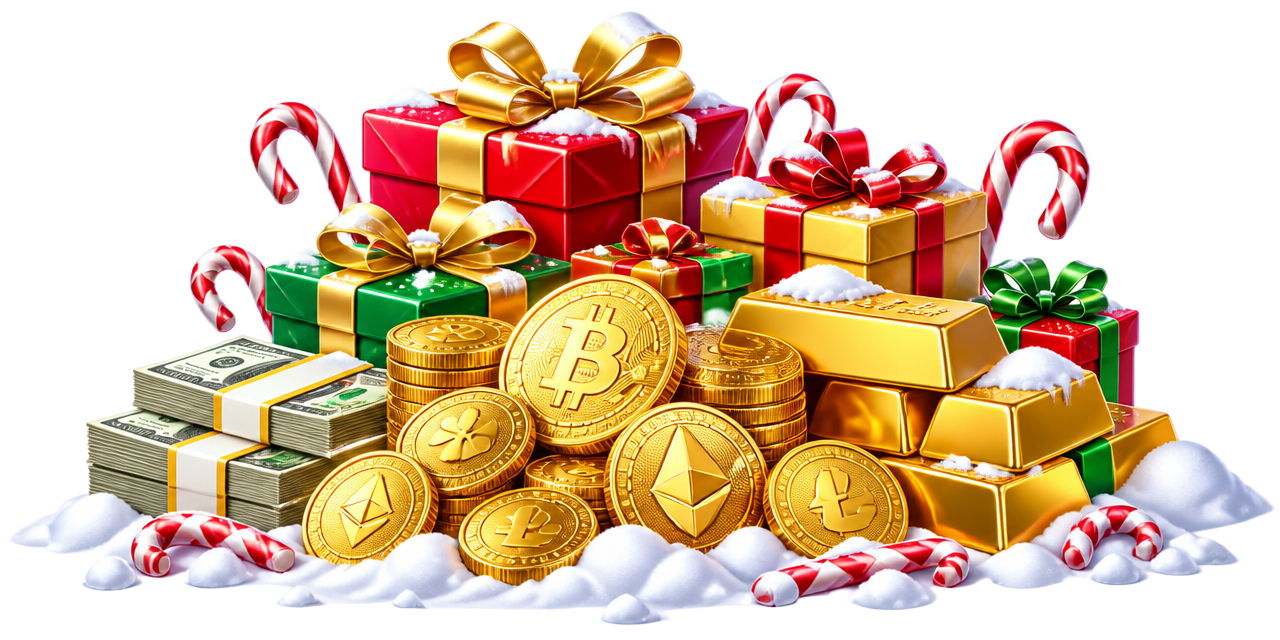 Pile of coins, presents, gold bars and candy canes